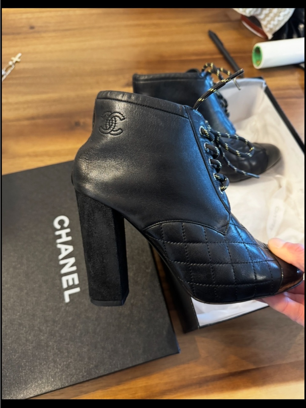 CHANEL Black Quilted Leather Lace-Up High Heel Ankle Boots